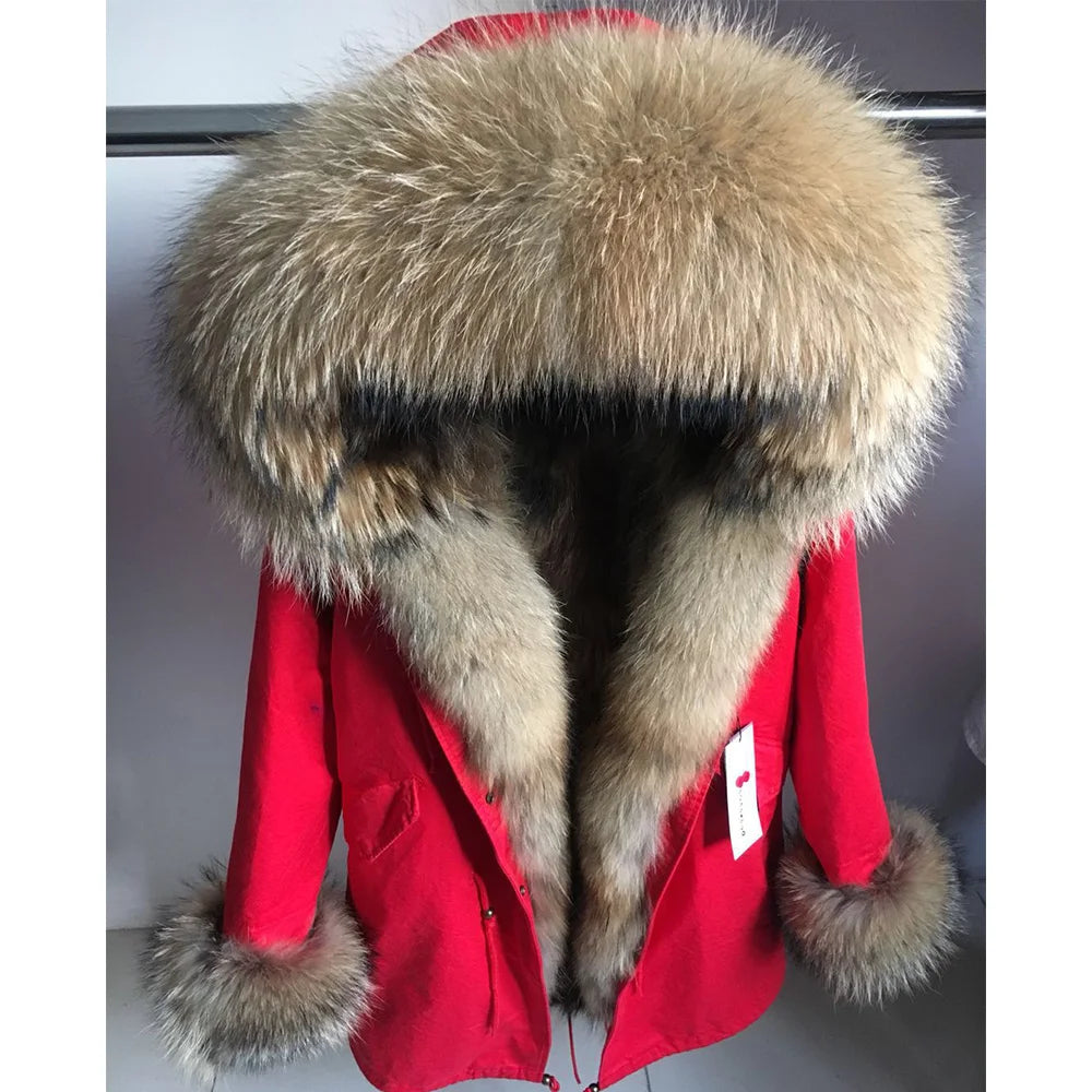 MAOMAOKONG Cappotto invernale in vera pelliccia di volpe da donna, lungo parka, collo in procione naturale, cappuccio, spesso e caldo, fodera in pelliccia staccabile