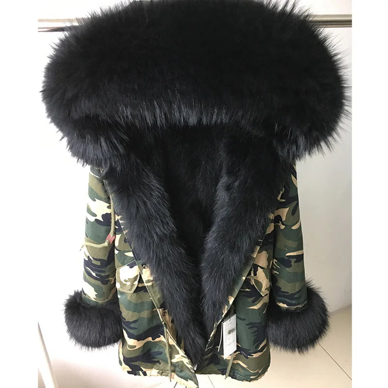 MAOMAOKONG Cappotto invernale in vera pelliccia di volpe da donna, lungo parka, collo in procione naturale, cappuccio, spesso e caldo, fodera in pelliccia staccabile