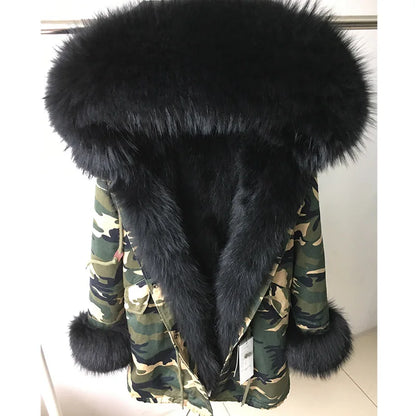 MAOMAOKONG Cappotto invernale in vera pelliccia di volpe da donna, lungo parka, collo in procione naturale, cappuccio, spesso e caldo, fodera in pelliccia staccabile