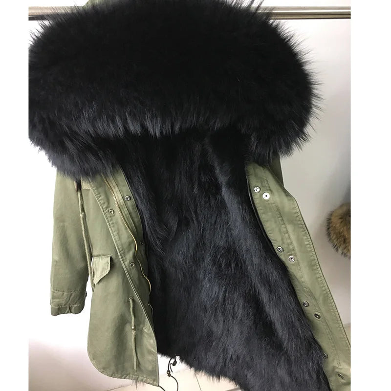 MAOMAOKONG Cappotto invernale in vera pelliccia di volpe da donna, lungo parka, collo in procione naturale, cappuccio, spesso e caldo, fodera in pelliccia staccabile