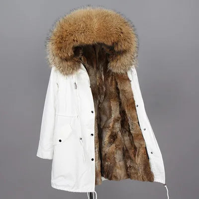 Nuovo cappotto invernale da donna 2024, parka, giacca, grande, collo in pelliccia di procione, cappuccio, fodera in pelliccia di coniglio rex staccabile, stile di marca, marchio di alta qualità