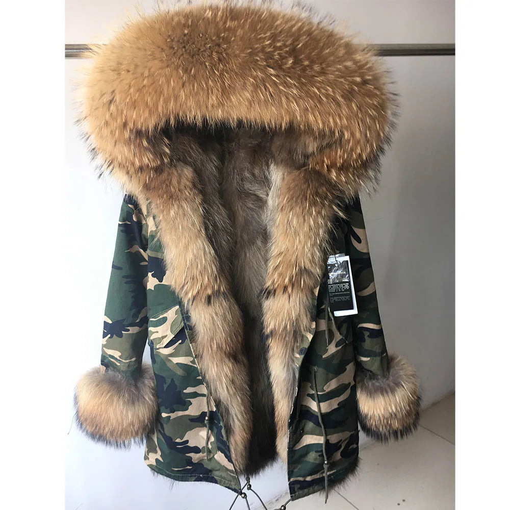 MAOMAOKONG Cappotto invernale in vera pelliccia di volpe da donna, lungo parka, collo in procione naturale, cappuccio, spesso e caldo, fodera in pelliccia staccabile