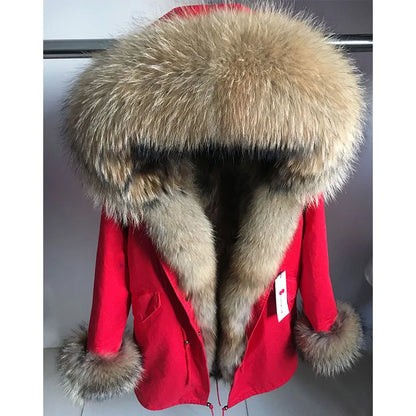 MAOMAOKONG Cappotto invernale in vera pelliccia di volpe da donna, lungo parka, collo in procione naturale, cappuccio, spesso e caldo, fodera in pelliccia staccabile