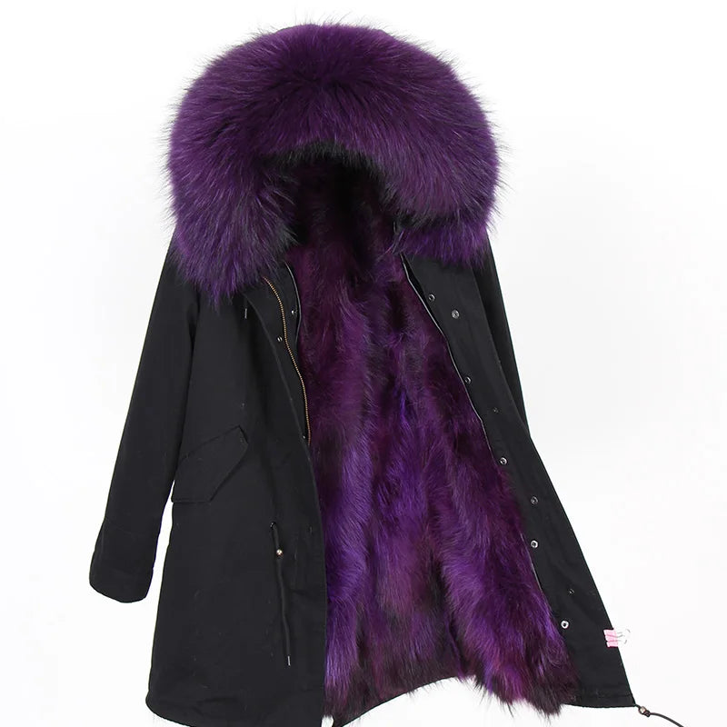 MAOMAOKONG Cappotto invernale in vera pelliccia di volpe da donna, lungo parka, collo in procione naturale, cappuccio, spesso e caldo, fodera in pelliccia staccabile