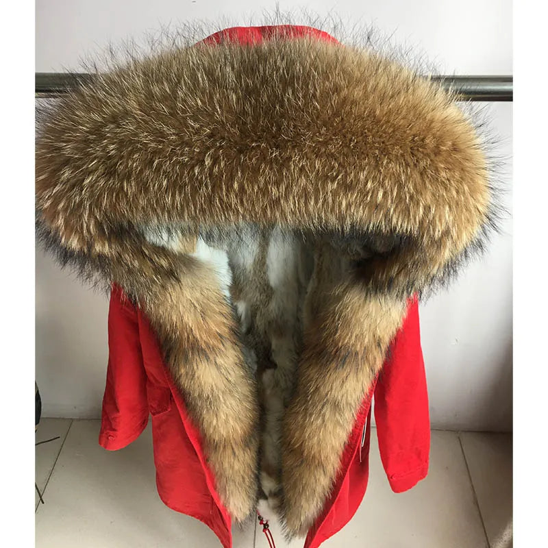Nuovo cappotto invernale da donna 2024, parka, giacca, grande, collo in pelliccia di procione, cappuccio, fodera in pelliccia di coniglio rex staccabile, stile di marca, marchio di alta qualità