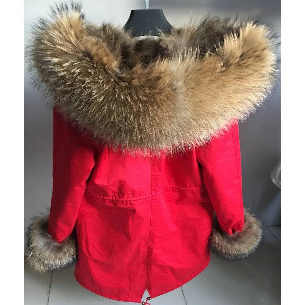 MAOMAOKONG Cappotto invernale in vera pelliccia di volpe da donna, lungo parka, collo in procione naturale, cappuccio, spesso e caldo, fodera in pelliccia staccabile