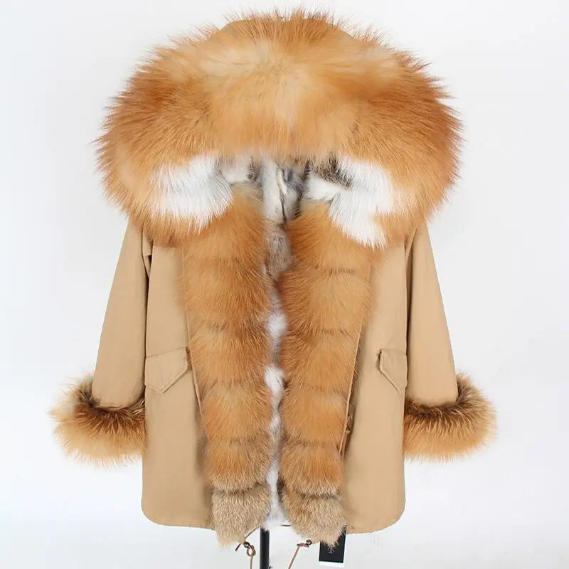 Nuovo cappotto invernale da donna 2024, parka, giacca, grande, collo in pelliccia di procione, cappuccio, fodera in pelliccia di coniglio rex staccabile, stile di marca, marchio di alta qualità