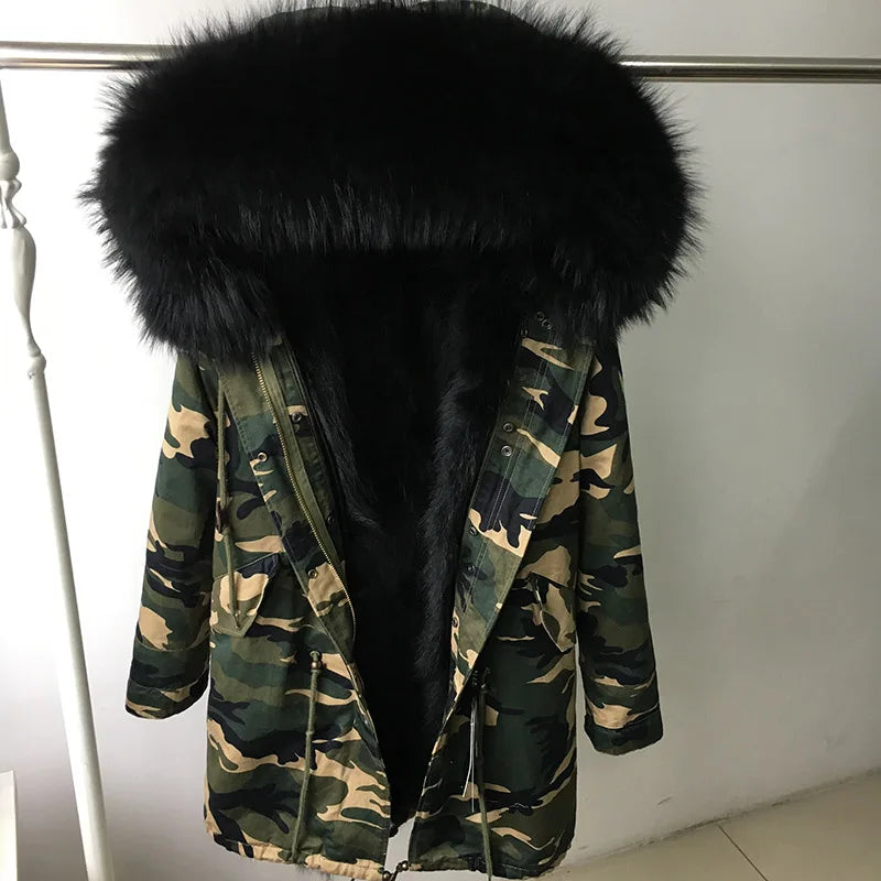 MAOMAOKONG Cappotto invernale in vera pelliccia di volpe da donna, lungo parka, collo in procione naturale, cappuccio, spesso e caldo, fodera in pelliccia staccabile