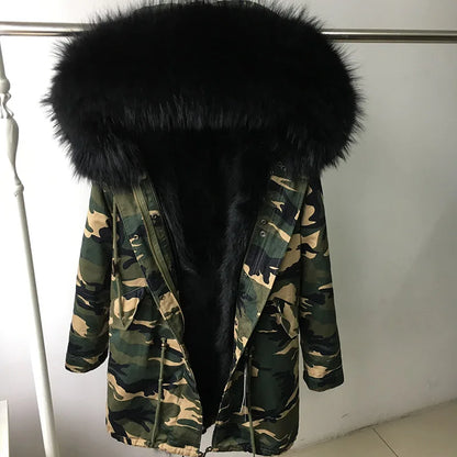 MAOMAOKONG Cappotto invernale in vera pelliccia di volpe da donna, lungo parka, collo in procione naturale, cappuccio, spesso e caldo, fodera in pelliccia staccabile