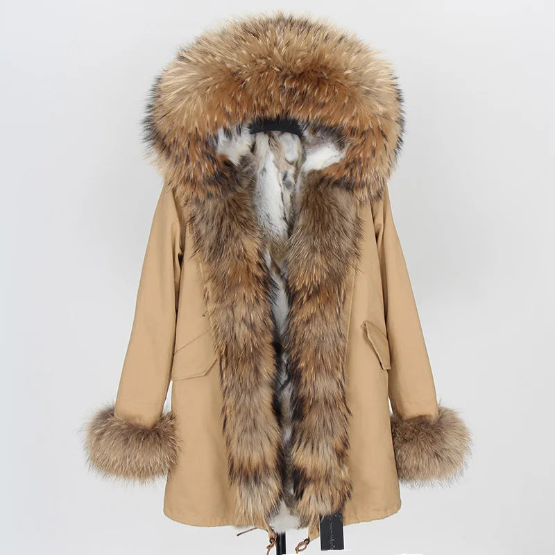 Nuovo cappotto invernale da donna 2024, parka, giacca, grande, collo in pelliccia di procione, cappuccio, fodera in pelliccia di coniglio rex staccabile, stile di marca, marchio di alta qualità
