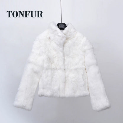 Top Solid Basic Women Classical Casual Mandarin Collar Genuine Real Rabbit Fur Coat Handmade Customize Natural Fur Jacket NZ271