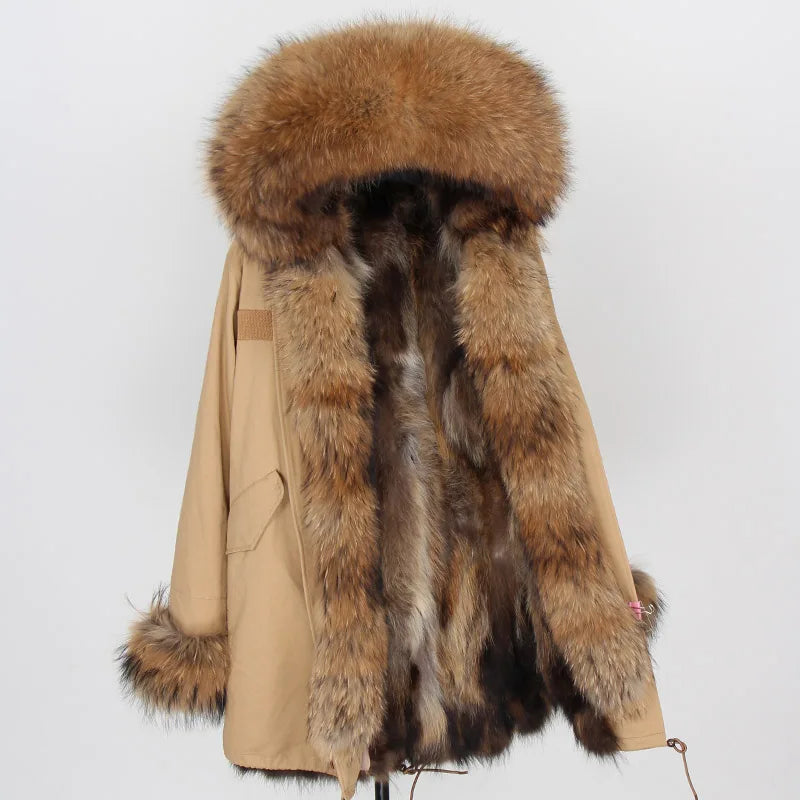 MAOMAOKONG Cappotto invernale in vera pelliccia di volpe da donna, lungo parka, collo in procione naturale, cappuccio, spesso e caldo, fodera in pelliccia staccabile