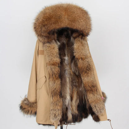 MAOMAOKONG Cappotto invernale in vera pelliccia di volpe da donna, lungo parka, collo in procione naturale, cappuccio, spesso e caldo, fodera in pelliccia staccabile