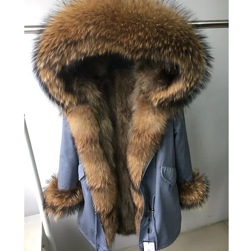 MAOMAOKONG Cappotto invernale in vera pelliccia di volpe da donna, lungo parka, collo in procione naturale, cappuccio, spesso e caldo, fodera in pelliccia staccabile