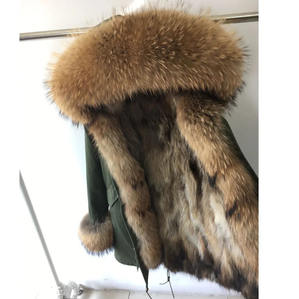 MAOMAOKONG Cappotto invernale in vera pelliccia di volpe da donna, lungo parka, collo in procione naturale, cappuccio, spesso e caldo, fodera in pelliccia staccabile