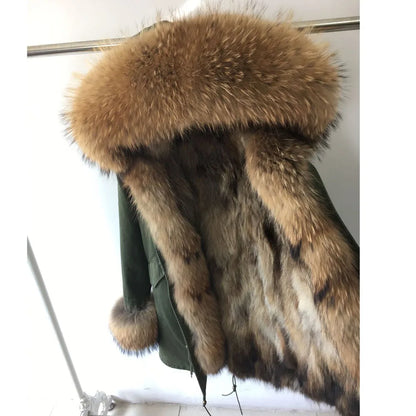 MAOMAOKONG Cappotto invernale in vera pelliccia di volpe da donna, lungo parka, collo in procione naturale, cappuccio, spesso e caldo, fodera in pelliccia staccabile