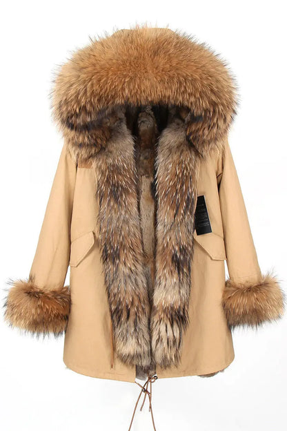 Nuovo cappotto invernale da donna 2024, parka, giacca, grande, collo in pelliccia di procione, cappuccio, fodera in pelliccia di coniglio rex staccabile, stile di marca, marchio di alta qualità