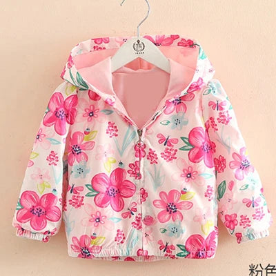 Nuova giacca/cappotto primavera/autunno 2025 per ragazze, giacca a vento con fiori, giacca a mezza lunghezza con cappuccio in vita, abbigliamento per bambini