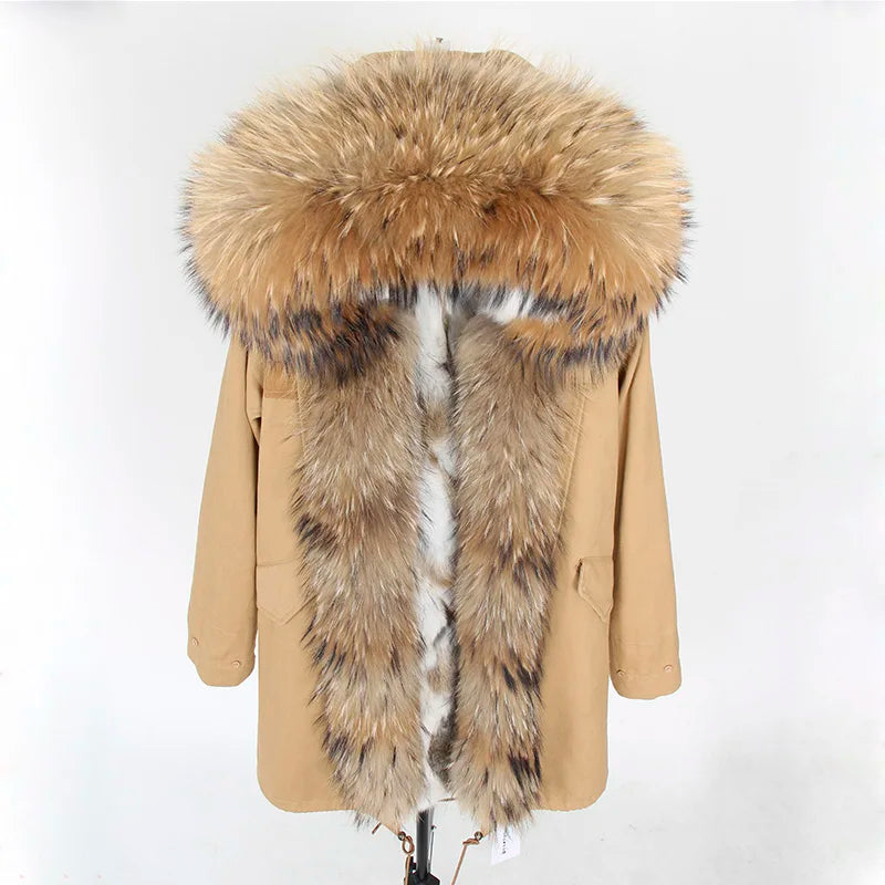 Nuovo cappotto invernale da donna 2024, parka, giacca, grande, collo in pelliccia di procione, cappuccio, fodera in pelliccia di coniglio rex staccabile, stile di marca, marchio di alta qualità
