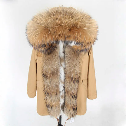 Nuovo cappotto invernale da donna 2024, parka, giacca, grande, collo in pelliccia di procione, cappuccio, fodera in pelliccia di coniglio rex staccabile, stile di marca, marchio di alta qualità