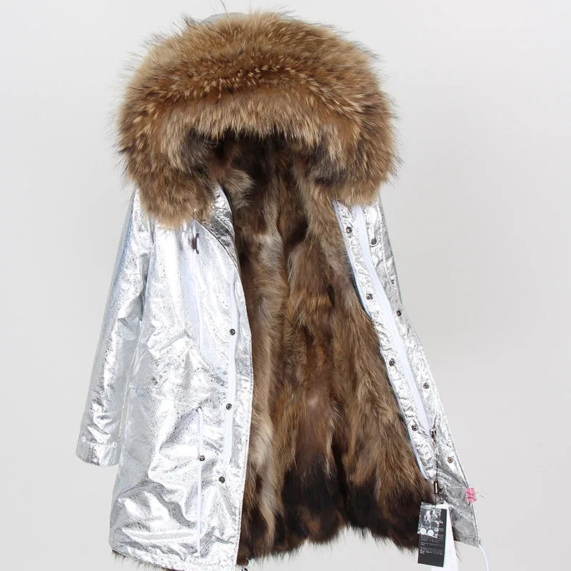 MAOMAOKONG Cappotto invernale in vera pelliccia di volpe da donna, lungo parka, collo in procione naturale, cappuccio, spesso e caldo, fodera in pelliccia staccabile