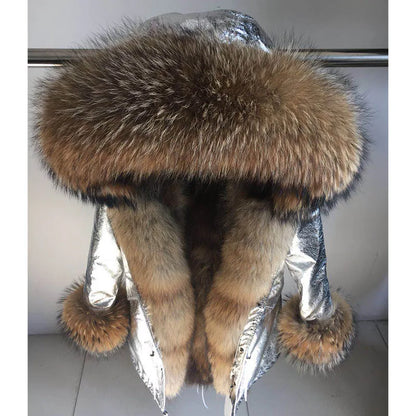 MAOMAOKONG Cappotto invernale in vera pelliccia di volpe da donna, lungo parka, collo in procione naturale, cappuccio, spesso e caldo, fodera in pelliccia staccabile