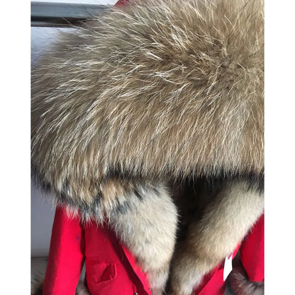 MAOMAOKONG Cappotto invernale in vera pelliccia di volpe da donna, lungo parka, collo in procione naturale, cappuccio, spesso e caldo, fodera in pelliccia staccabile