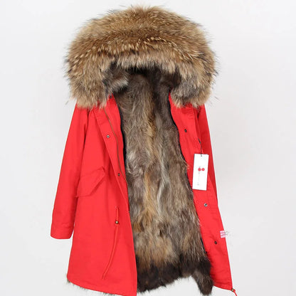 MAOMAOKONG Cappotto invernale in vera pelliccia di volpe da donna, lungo parka, collo in procione naturale, cappuccio, spesso e caldo, fodera in pelliccia staccabile