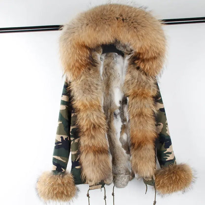 Nuovo cappotto invernale da donna 2024, parka, giacca, grande, collo in pelliccia di procione, cappuccio, fodera in pelliccia di coniglio rex staccabile, stile di marca, marchio di alta qualità