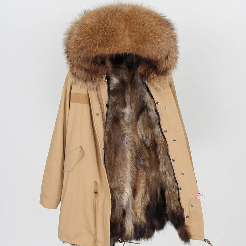 MAOMAOKONG Cappotto invernale in vera pelliccia di volpe da donna, lungo parka, collo in procione naturale, cappuccio, spesso e caldo, fodera in pelliccia staccabile