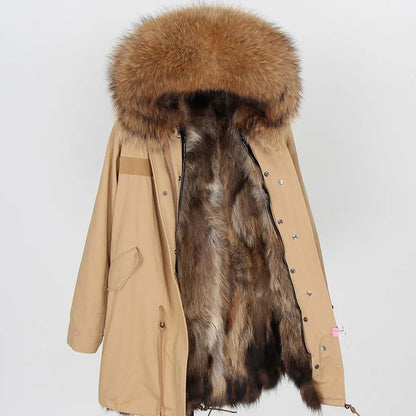 MAOMAOKONG Cappotto invernale in vera pelliccia di volpe da donna, lungo parka, collo in procione naturale, cappuccio, spesso e caldo, fodera in pelliccia staccabile