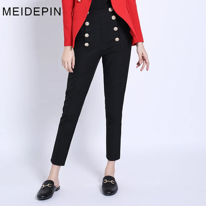 2023 Hot Selling Popular Style Elegant Women Solid Color Black & White Buttons Slim Penci Pants All-match Ankle-Length Capris