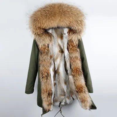 Nuovo cappotto invernale da donna 2024, parka, giacca, grande, collo in pelliccia di procione, cappuccio, fodera in pelliccia di coniglio rex staccabile, stile di marca, marchio di alta qualità