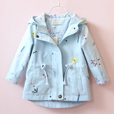 Nuova giacca/cappotto primavera/autunno 2025 per ragazze, giacca a vento con fiori, giacca a mezza lunghezza con cappuccio in vita, abbigliamento per bambini