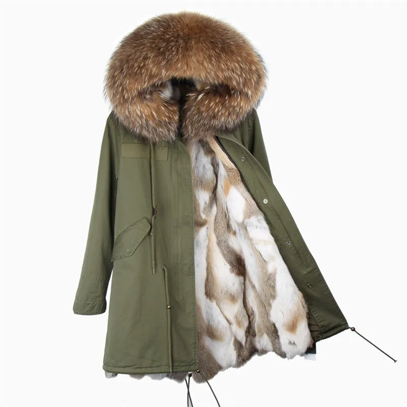 Nuovo cappotto invernale da donna 2024, parka, giacca, grande, collo in pelliccia di procione, cappuccio, fodera in pelliccia di coniglio rex staccabile, stile di marca, marchio di alta qualità