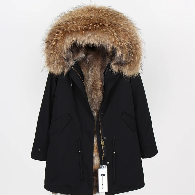 MAOMAOKONG Cappotto invernale in vera pelliccia di volpe da donna, lungo parka, collo in procione naturale, cappuccio, spesso e caldo, fodera in pelliccia staccabile