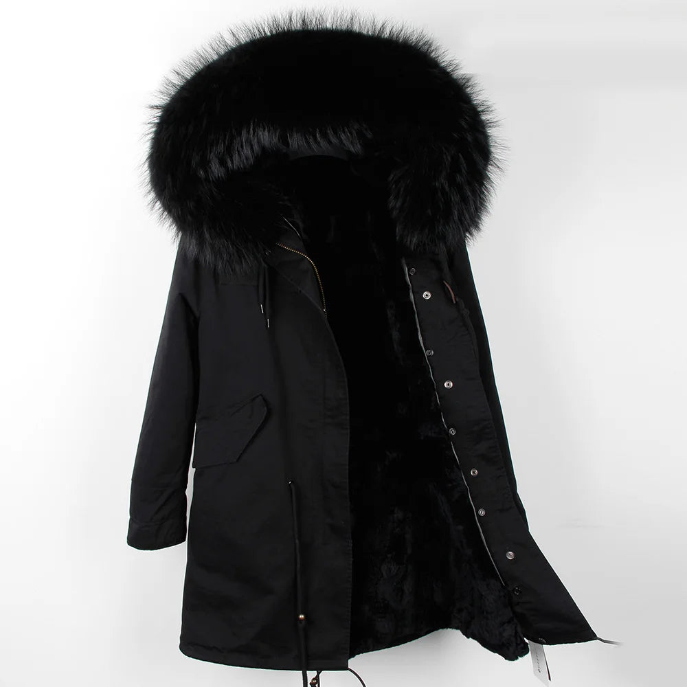 Nuovo cappotto invernale da donna 2024, parka, giacca, grande, collo in pelliccia di procione, cappuccio, fodera in pelliccia di coniglio rex staccabile, stile di marca, marchio di alta qualità