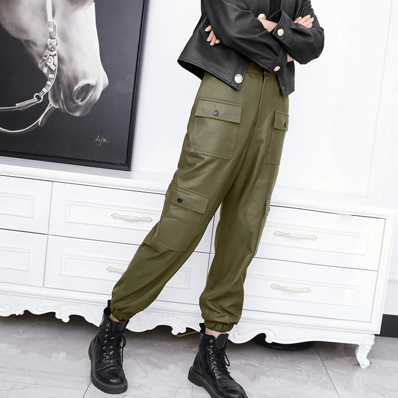Salopette in vera pelle da donna, pantaloni elastici in vita con tasche, leggings dritti verdi militari da donna, pantaloni harem originali