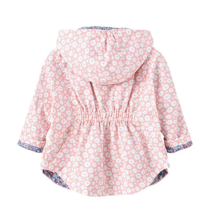 Nuova giacca/cappotto primavera/autunno 2025 per ragazze, giacca a vento con fiori, giacca a mezza lunghezza con cappuccio in vita, abbigliamento per bambini