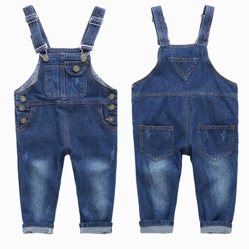 Nuovo arrivo primavera 2023 Salopette in denim per bambine e bambini con bottoni Salopette blu tinta unita per bambini 1-8 anni