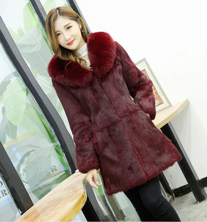 Nuovo cappotto in vera pelliccia di coniglio naturale con collo in pelliccia di volpe, giacca da donna in pelliccia alla moda, personalizzabile in qualsiasi taglia