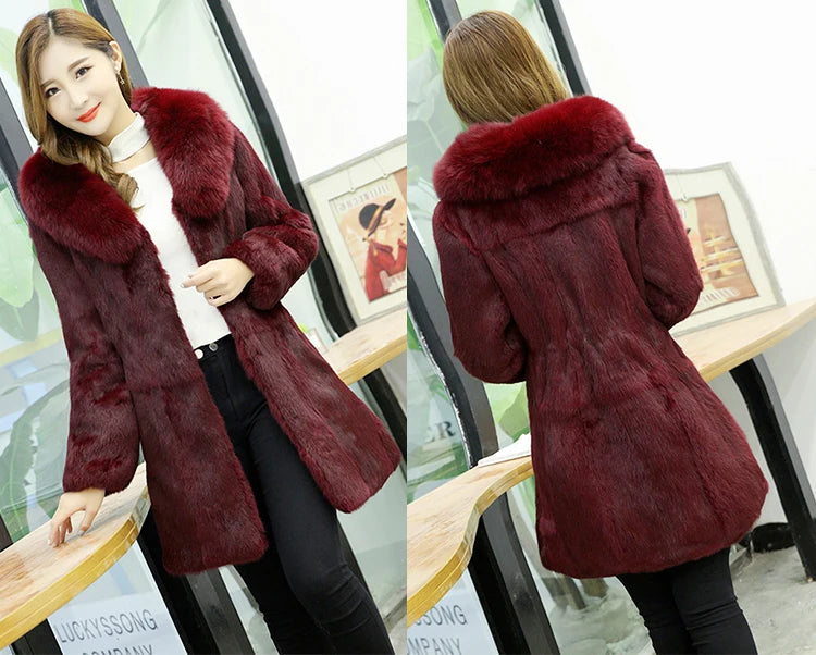 Nuovo cappotto in vera pelliccia di coniglio naturale con collo in pelliccia di volpe, giacca da donna in pelliccia alla moda, personalizzabile in qualsiasi taglia