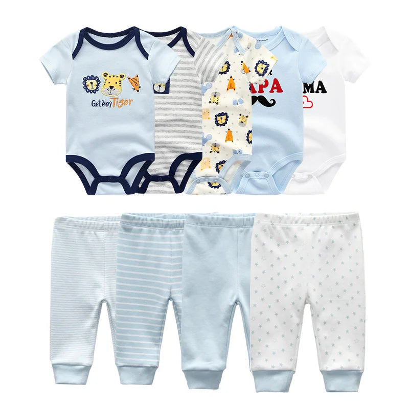 Abbigliamento unisex per neonati in cotone, 6/9/10 pezzi, body e pantaloni, maniche corte, per neonati maschietti.