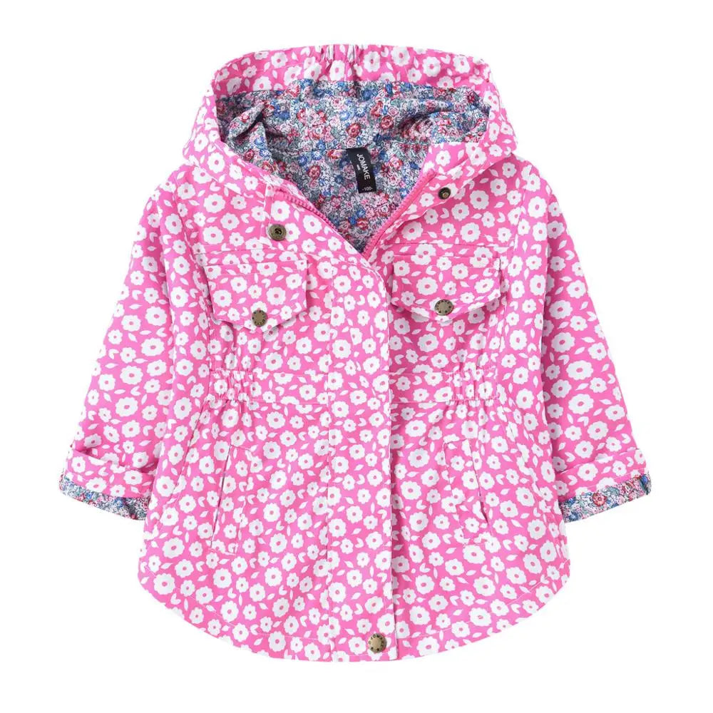 Nuova giacca/cappotto primavera/autunno 2025 per ragazze, giacca a vento con fiori, giacca a mezza lunghezza con cappuccio in vita, abbigliamento per bambini