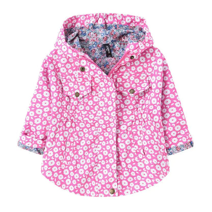 Nuova giacca/cappotto primavera/autunno 2025 per ragazze, giacca a vento con fiori, giacca a mezza lunghezza con cappuccio in vita, abbigliamento per bambini