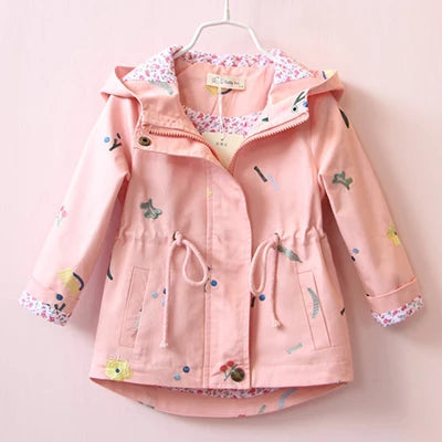 Nuova giacca/cappotto primavera/autunno 2025 per ragazze, giacca a vento con fiori, giacca a mezza lunghezza con cappuccio in vita, abbigliamento per bambini