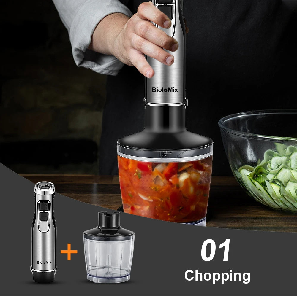 Frullatore a immersione BioloMix 4 in 1 ad alta potenza da 1200 W, con tritatutto e bicchiere per frullati, lame per ghiaccio in acciaio inossidabile
