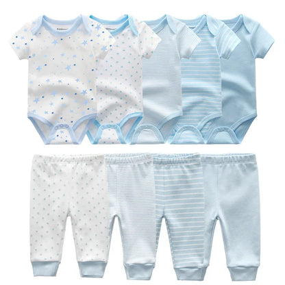 Abbigliamento unisex per neonati in cotone, 6/9/10 pezzi, body e pantaloni, maniche corte, per neonati maschietti.