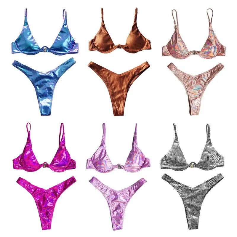 Women Summer Sexy Brazilian Bikini Set Holographic Shiny Metallic Swimsuit Push Up Padded Underwire Triangle Bathing Suit Beachw