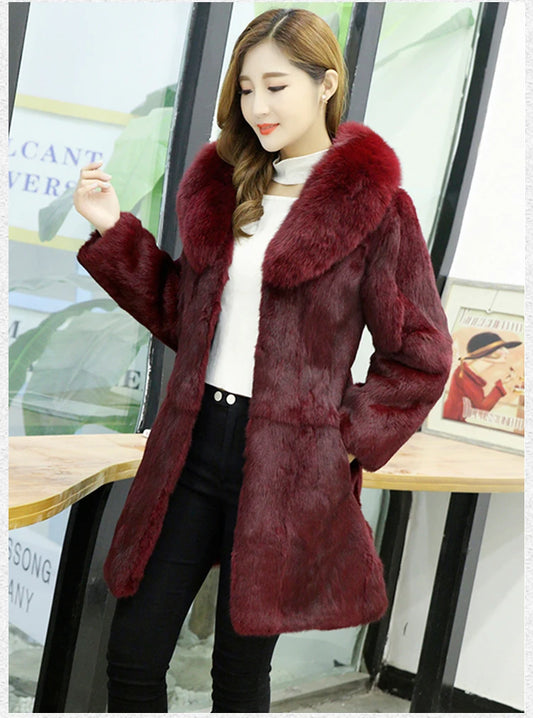 Nuovo cappotto in vera pelliccia di coniglio naturale con collo in pelliccia di volpe, giacca da donna in pelliccia alla moda, personalizzabile in qualsiasi taglia